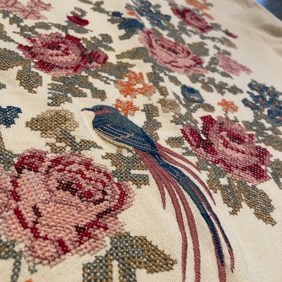 Johnny Was Embroidered Bird Flowers Sweatshirt Small Cream Terry Cloth Cottage - Picture 4 of 10